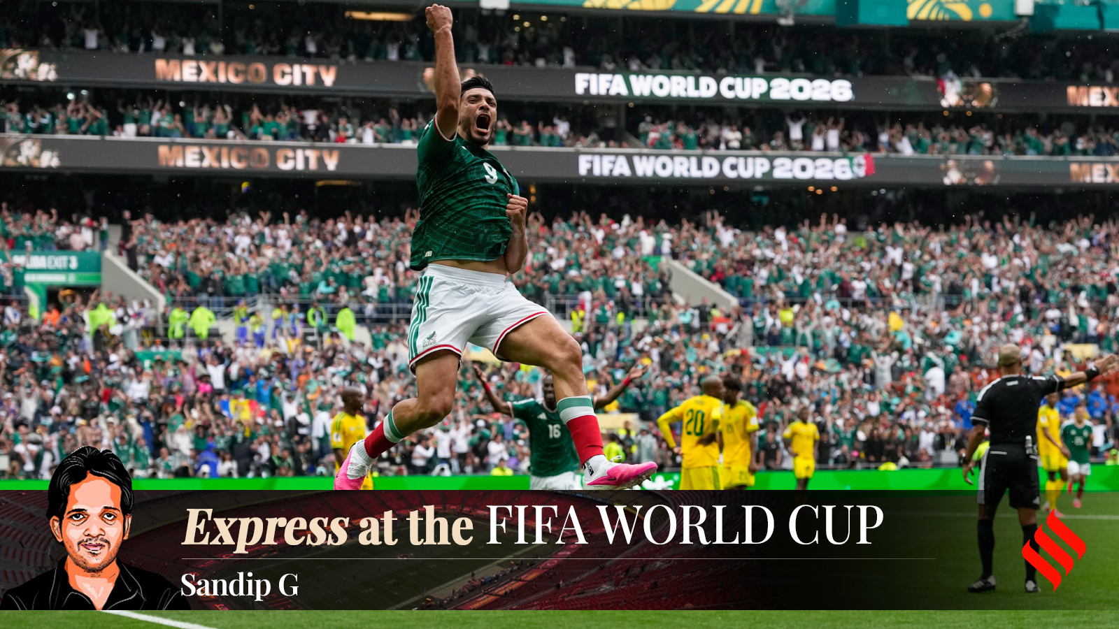 Mexico's Raul Jimenez celebrates after scoring his side's second goal during the World Cup Group A soccer match between Mexico and South Africa in Mexico City, Thursday, June 11, 2026. (AP Photo)