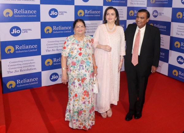Mukesh Ambani with spouse Nita Ambani and mother kokilaben Ambani before Reliance AGM at Birla Matushree on Monday. Express Photo by Nirmal Harindran. 12.08.2019. Mumbai.