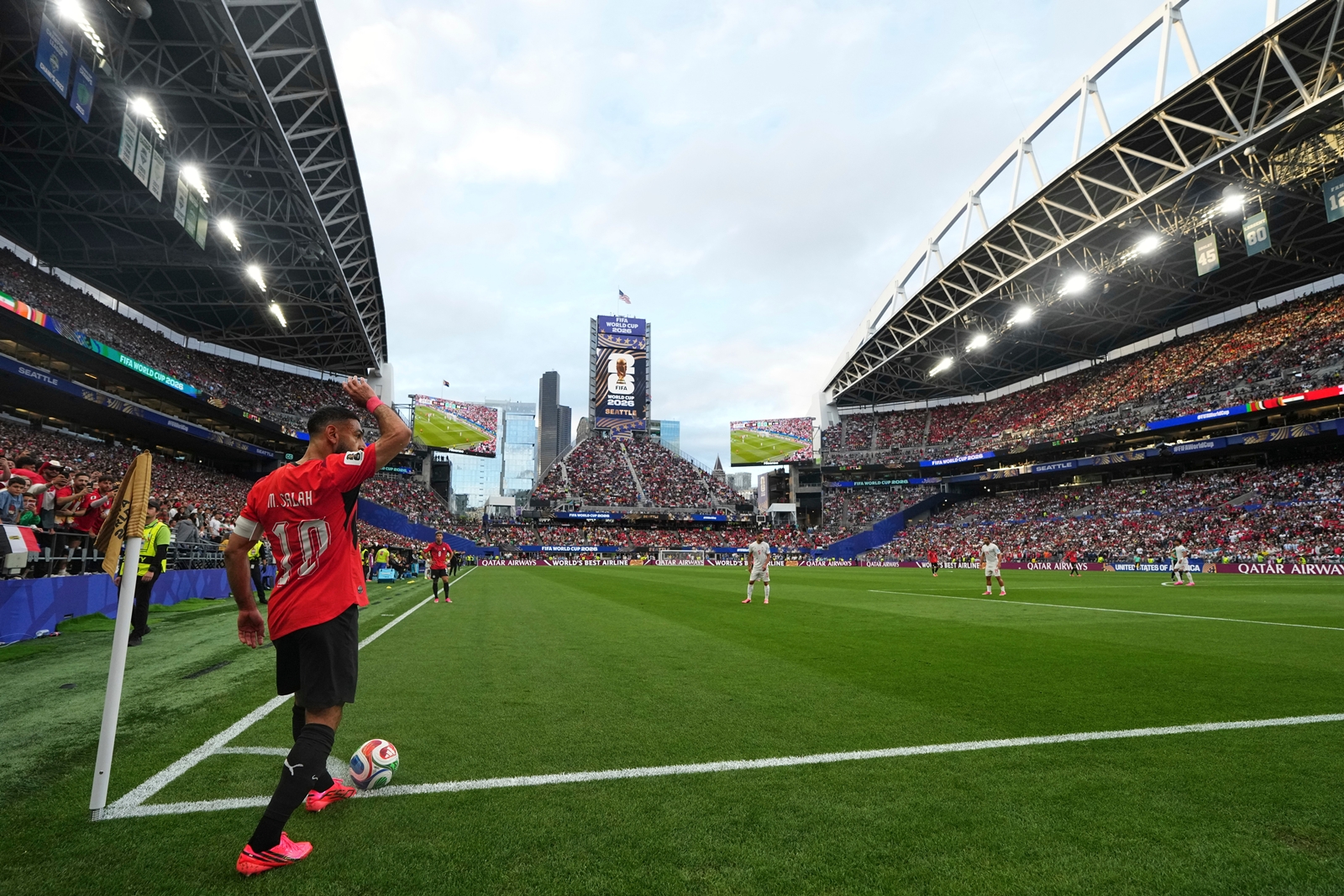 Egypt's Mohamed Salah (10) prepares to take a free kick during the World Cup Group G soccer match between Egypt and Iran in Seattle, Friday, June 26, 2026. (AP Photo/Lindsey Wasson)