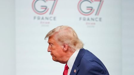 U.S. President Donald Trump leaves the stage after a media conference at the end of the G7 summit in Evian-les-Bains, France, Wednesday, June 17, 2026. (AP Photo/Vadim Ghirda)