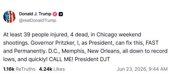 trump's truth social post on chicago shootings