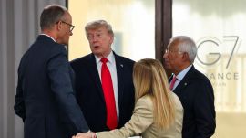 US President Donald Trump speaks with Germanys Chancellor Friedrich Merz, European Council President Antonio Costa and Italys Prime Minister Giorgia Meloni at a working lunch with leaders of G7 and the Middle East during the G7 summit, in Evian-les-Bains, France, June 16, 2026. (REUTERS)