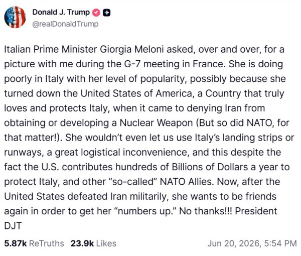 trump's truth social post on meloni