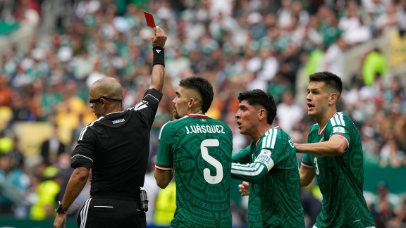 Referee Wilton Sampaio sends off Mexico's Cesar Montes the World Cup Group A match between Mexico and South Africa. (AP Photo)