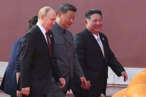 Russian President Vladimir Putin, Chinese President Xi Jinping and North Korean leader Kim Jong Un walk to attend a military parade marking the 80th anniversary of the end of World War II at the Tiananmen Square in Beijing, Sept. 3, 2025. (Korean Central News Agency/Korea News Service via AP, File)