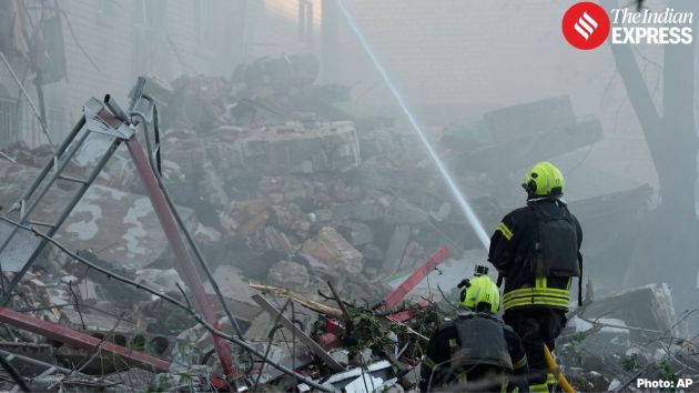 Fires were reported at multiple locations across the city after direct missile strikes and falling debris