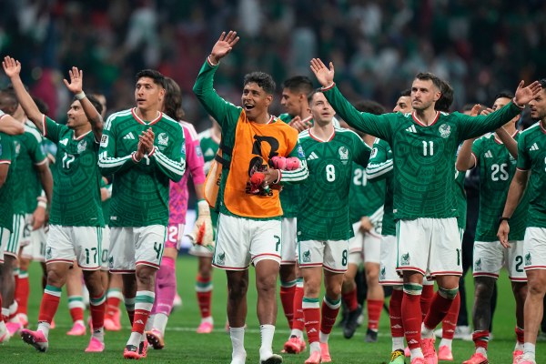 Mexico players celebrate after the World Cup round of 32 soccer match between Mexico and Ecuador in Mexico City, Tuesday, June 30, 2026. AP/PTI