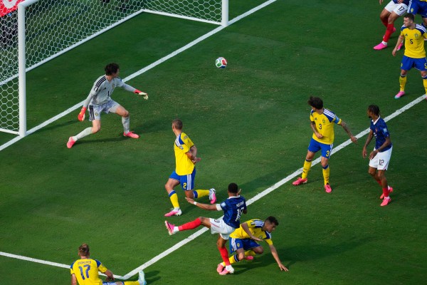 Kylian Mbappe scored the opening goal against Sweden goalkeeper Jacob Widell Zetterstrom during the World Cup round of 32 match. (AP Photo/Yuki Iwamura)