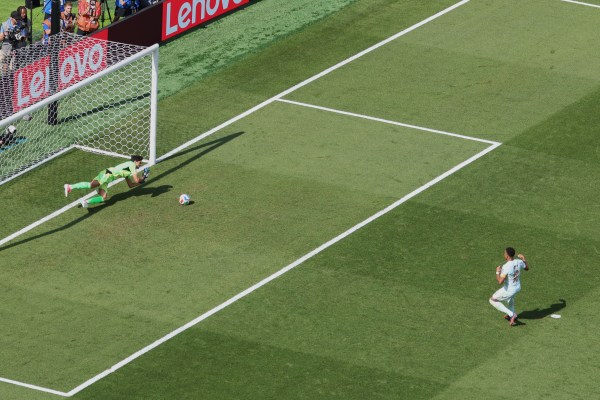 Morocco goalkeeper Yassine Bounou stops a penalty kick against Mbappe during the World Cup quarterfinal. (AP Photo/Mark Stockwell)