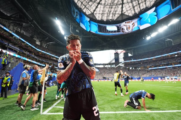 Enzo Fernandez celebrates after scoring his side's first goal during the World Cup semifinal against England. (AP Photo/Rebecca Blackwell)