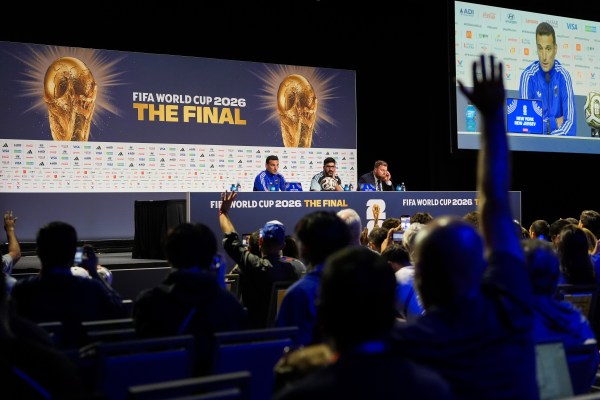 Argentina head coach Lionel Scaloni speaks during a news conference on Friday. (AP Photo/Stephanie Scarbrough)