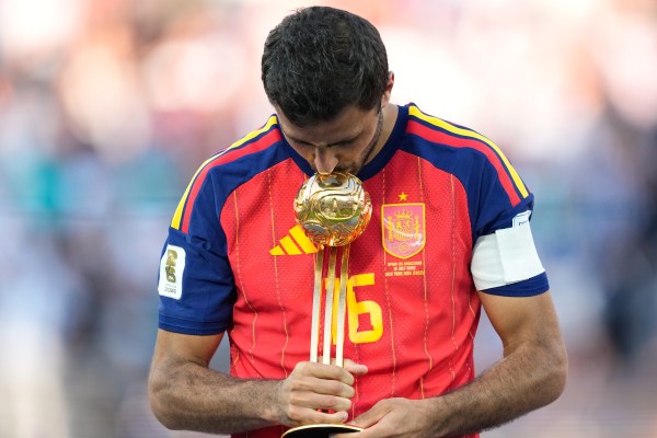 Rodri poses with the Golden Ball award at the end of the World Cup final. (AP Photo/Ashley Landis)