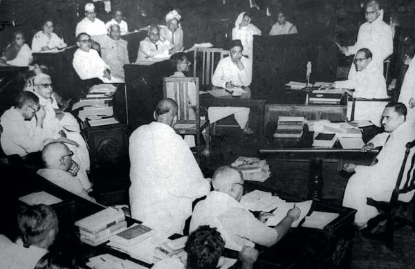 A Constituent Assembly of India meeting in 1950. B.R. Ambedkar can be seen seated top-right.