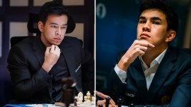 Top Uzbek Grandmasters Nodirbek Abdusattorv and Javokhir Sindarov. (Credit: UzChess & Yoav Nis (Eugene Nisenabum)/FIDE).