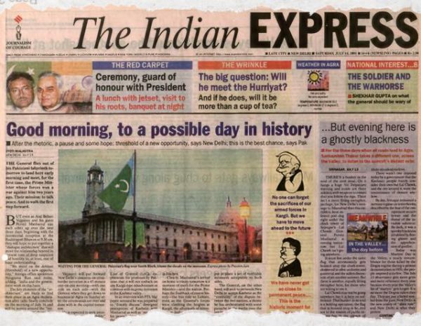 The Indian Express edition of July 15, 2001, the day Musharraf arrived in Agra for the summit.