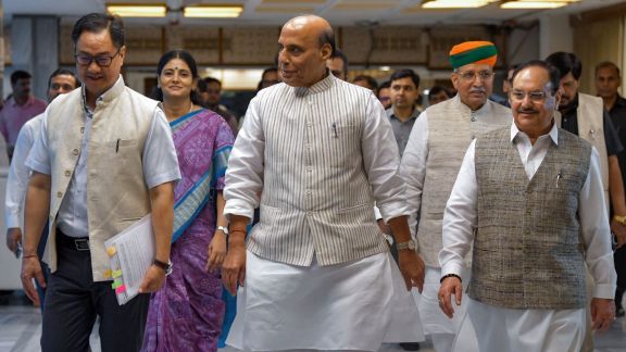 Union Ministers Rajnath Singh, Kiren Rijiju, JP Nadda, Union MoS (I/C) Arjun Ram Meghwal, and others attend the Centre's all-party meeting ahead of the Parliament's Monsoon Session, in New Delhi on Sunday. (ANI Photo)