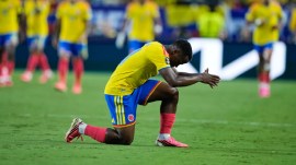 Colombia's Jhon Arias (11) reacts after scoring his team's first goal during the World Cup round of 32 soccer match between Colombia and Ghana in Kansas City, Mo., Friday, July 3, 2026. (AP Photo/Charlie Riedel)