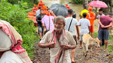 Prodip Kalita, a resident of the Nazira area in Sivasagar district, at noon on Monday, adding that the water inside their house had come up to chest level.