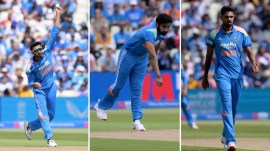 India's Axar Patel, Jasprit Bumrah and Gurnoor Brar in action during first ODI vs England. (AP)
