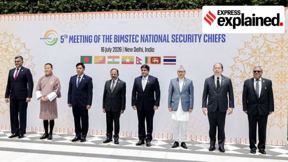 National Security Advisor (NSA) Ajit Doval in a group photo with Bhutan's Home Secretary Sonam Wangyel, Myanmar NSA U Tin Aung San, Sri Lanka's Defence Secretary Air Vice Marshal (Retd) Sampath Thuyacontha, and other delegates during the 5th Meeting of the BIMSTEC National Security Chiefs, in New Delhi on Thursday. (BIMSTEC Secretariat/ANI Photo)