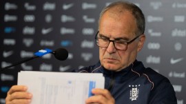 Uruguay's coach Marcelo Bielsa holds a news conference following Uruguay's elimination from the 2026 FIFA World Cup, in Montevideo, Uruguay, Tuesday, June 30, 2026. (AP Photo/Matilde Campodónico)