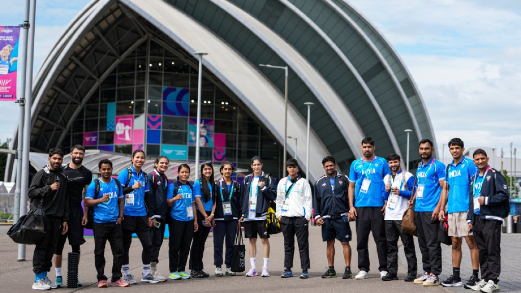 Indian boxing team members including Lovlina Borgohain, Sakshi Chaudhary, Parveen Hooda, and others arrive for a training session ahead of the Glasgow Commonwealth Games 2026, at the SEC Centre in Glasgow, Scotland, Wednesday, July 22, 2026. (PTI Photo)