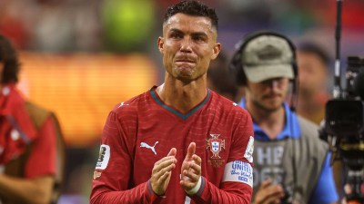 Portugal's Cristiano Ronaldo (7) reacts after the World Cup round of 16 soccer match between Portugal and Spain in Arlington, Texas, near Dallas, Monday, July 6, 2026. (AP Photo/Gareth Patterson)