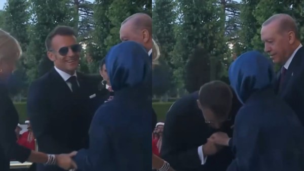Emmanuel Macron Emine Erdoğan greeting