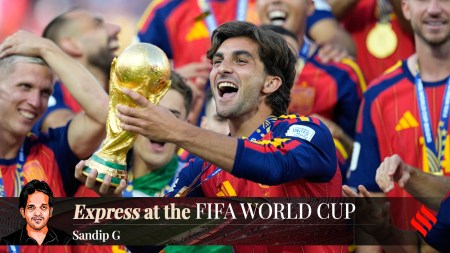Spain's Ferran Torres celebrates with the trophy after winning the World Cup final soccer match between Spain and Argentina in East Rutherford, N.J., near New York, Sunday, July 19, 2026. (AP Photo/Ashley Landis)