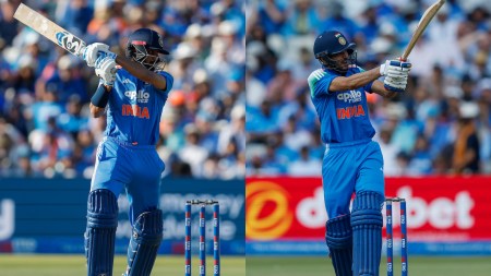 India's Axar Patel and Shubman Gill bat against England in the 1st ODI. (CREIMAS)