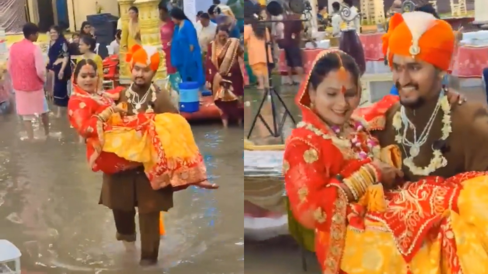 Groom carries bride through floodwater in Indore, both complete rituals in rain; watch