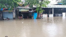 Surat city was waterlogged following continuous rainfall since Wednesday night, disrupting traffic and forcing road closures. (Express Photo)