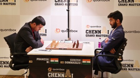 Pranesh defeated world champion Gukesh D in 39 moves in the penultimate round of the Chennai Grand Masters tournament. (Express Photo)