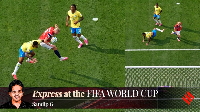 Norway's Erling Haaland (9) scores their opening goal during the World Cup round of 16 soccer match between Brazil and Norway in East Rutherford, N.J., near New York, Sunday, July 5, 2026. (AP Photo/Stephen K.H. Moyes)