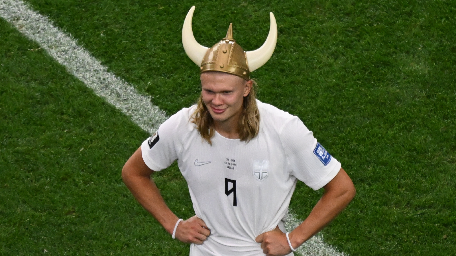 Norway's Erling Haaland (9) poses after the World Cup round of 32 soccer match between Ivory Coast and Norway in Arlington, Texas, near Dallas, Tuesday, June 30, 2026. (AP Photo/Jessica Tobias)