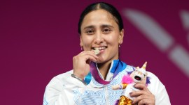 Silver medallist India's Harjinder Kaur poses for photographs during the presentation ceremony after the women's 69kg weightlifting event at the 23rd Commonwealth Games, in Glasgow, Scotland, Tuesday, July 28, 2026. (PTI Photo)