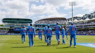 Shubman Gill (C) of India with teammates during the 3rd ODI International match between England and India at the Lord's Cricket Ground, London, England on July 19, 2026.