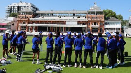 Indian players make a huddle before the start of the day during a training session at the Lord's Cricket Ground, London, England, on July 8, 2026.