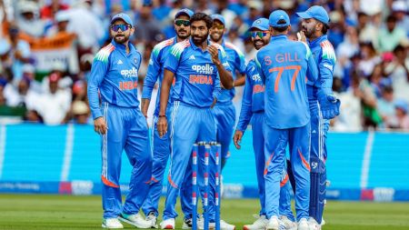 India's Jasprit Bumrah and teammates celebrate the wicket of England skipper Harry Brook during 1st ODI, at Edgbaston stadium in Birmingham on Tuesday. (ANI Photo)