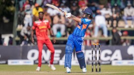 Ishan Kishan (WK) of India plays a shot during the 2ND T20 International match between Zimbabwe and India at the Harare Sports Club, Harare, Zimbabwe on July 25, 2026.