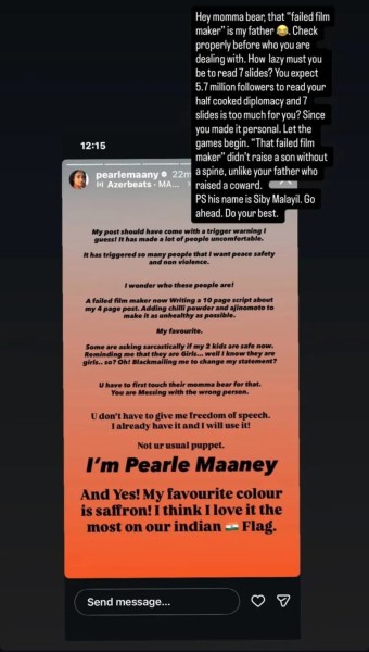 Joe Malayil's Instagram story, following Pearle Maaney
