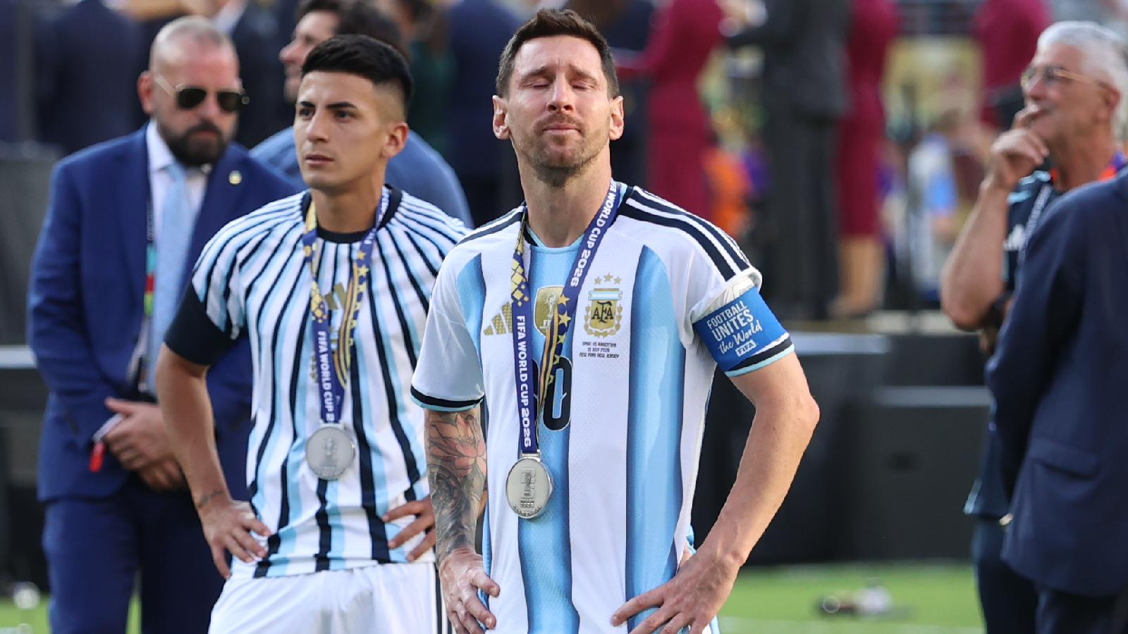 Argentina's Lionel Messi reacts after losing to Spain in the World Cup final soccer match between Spain and Argentina in East Rutherford, N.J., near New York, Sunday, July 19, 2026. (AP Photo/Pamela Smith)