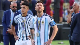 Argentina's Lionel Messi reacts after losing to Spain in the World Cup final soccer match between Spain and Argentina in East Rutherford, N.J., near New York, Sunday, July 19, 2026. (AP Photo/Pamela Smith)