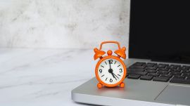 Working late at a desk in an office