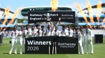 India players celebrate with the trophy following the victory in the test match during day four of the first Women's Rothesay Test cricket match between England and India in London, England, Monday, July 13, 2026. (Steven Paston/PA via AP)