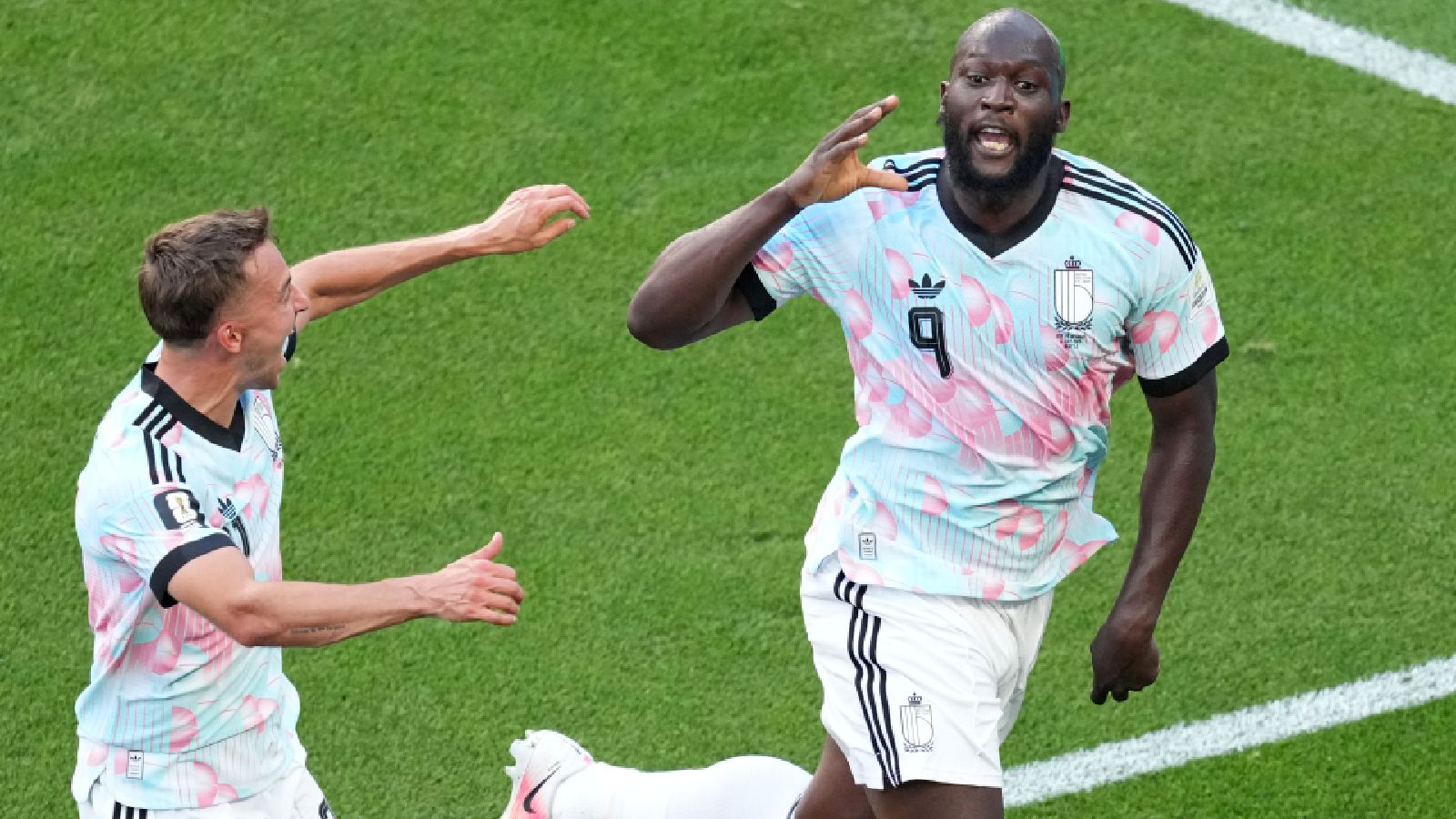 Belgium's Romelu Lukaku (9) celebrates after scoring his side's fourth goal during the World Cup round of 16 soccer match between the United States and Belgium in Seattle, Monday, July 6, 2026. (AP Photo/Nick Didlick)