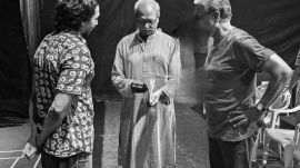 Director Atul Pethe, playwright Mahesh Elkunchwar and actor Abhay Mahajan during a rehearsal session for the first stage production of Eka Nataacha Mrutyu in Pune. (Express Photo)
