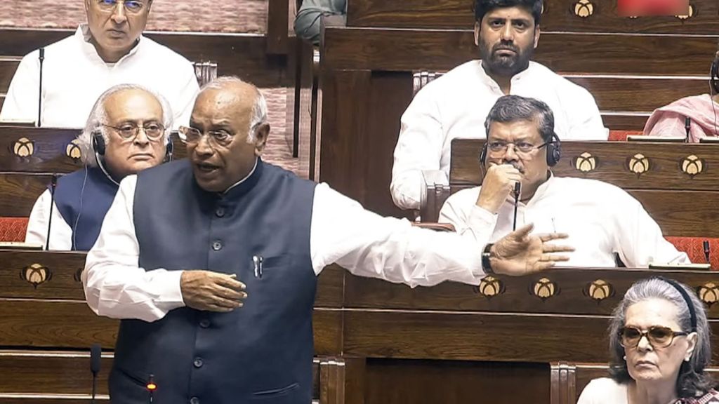 Mallikarjun Kharge in Rajya Sabha on Thursday.