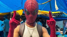 A CJP protester wearing a Spider-man mask in Delhi (PTI)