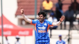 Mayank Prabhu Yadav of India successfully appeals for the wicket of Brian Bennett of Zimbabwe during the 1st T20 International match between Zimbabwe and India at the Harare Sports Club, Harare, Zimbabwe on July 23, 2026.